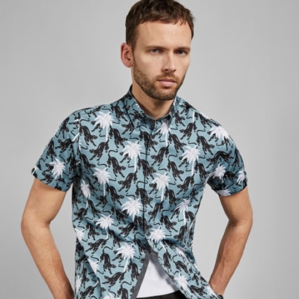 Ted Baker Tropical Panther Black Print Shirt, Large
